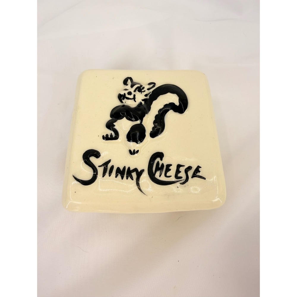 Vintage Stinky Cheese Ceramic Box Lidded Skunk Graphic Yellow White Kitsch